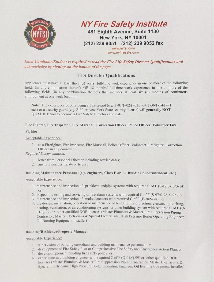 NYFireSafe's tweet image. Fire &amp;amp; Life Safety Director (FLSD) qualifications part 1. Are you interested in becoming certified as an FLSD? NY Fire Safety Institute can help you. We offer both in-class and online certification courses. Check out NYfiresafe.com to learn more… #FireLifeSafety #fdny