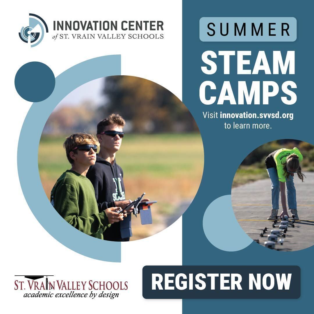 ICSVVSD's tweet image. The Innovation Center is offering a variety of summer camps for students who will be in 1st-12th grade for the 26-27 school year! Learn more about offerings and sign up by visiting buff.ly/hZVKYRe. #StVrainAdvantage #StVrainStorm