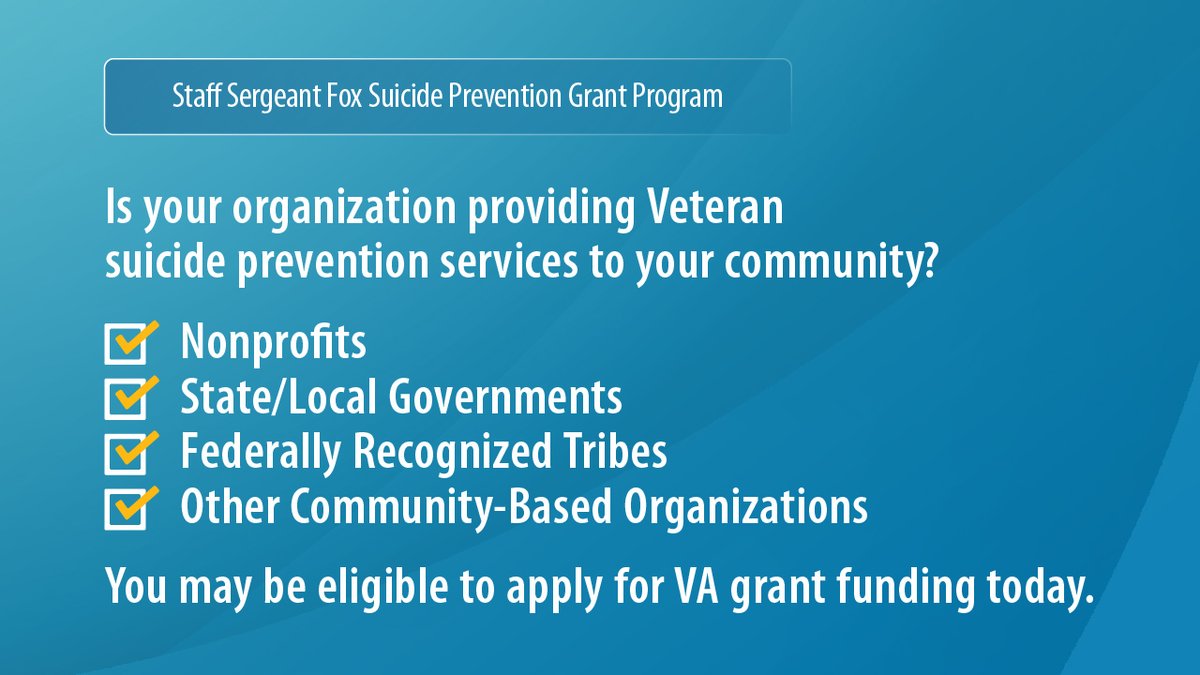 DeptVetAffairs's tweet image. The SSG Fox Suicide Prevention Grant Program is accepting applications from eligible nonprofits, state/local governments, federally recognized tribes, and community-based organizations serving #Veterans. 

Apply by June 12: MentalHealth.VA.gov/ssgfox-grants.
