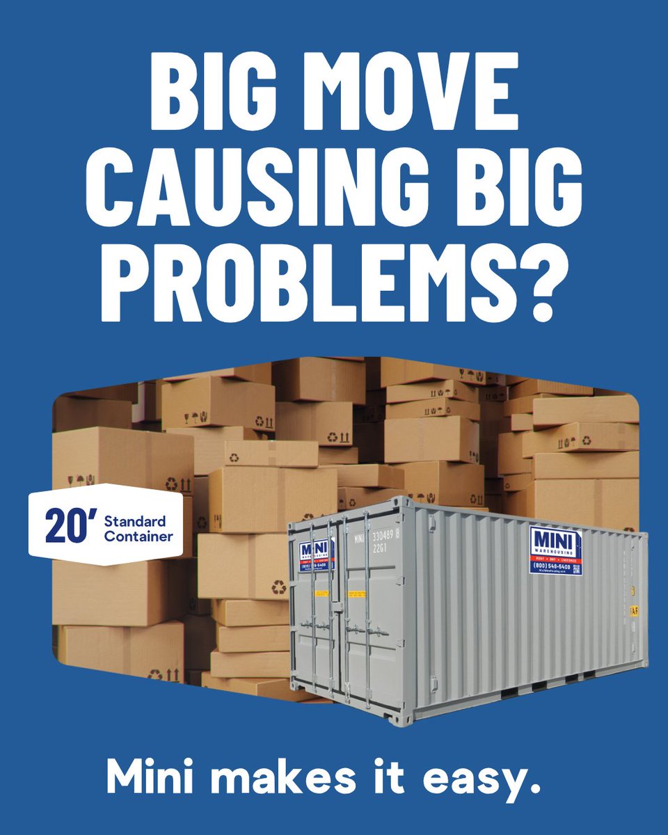 MiniWarehousing's tweet photo. Drowning in a sea of cardboard? 📦 Big moves don't have to cause big problems. 

Rent a 20' container from Mini Warehousing, pack at your own pace right in your driveway, and keep your sanity intact. Mini makes moving easy! 🚚💨 https://t.co/fTSgt4s977