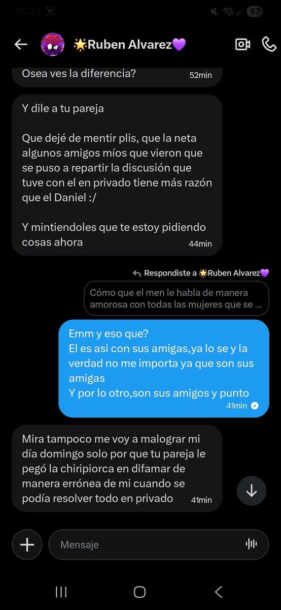 Todo habría estado bien con el post porque admitió la mayoría de cosas pero aquí si que no te voy a permitir que digas que no es verdad cuando literalmente fuiste y trataste de manipular a mi propia novia para que según tu ella habrá los ojos (+)