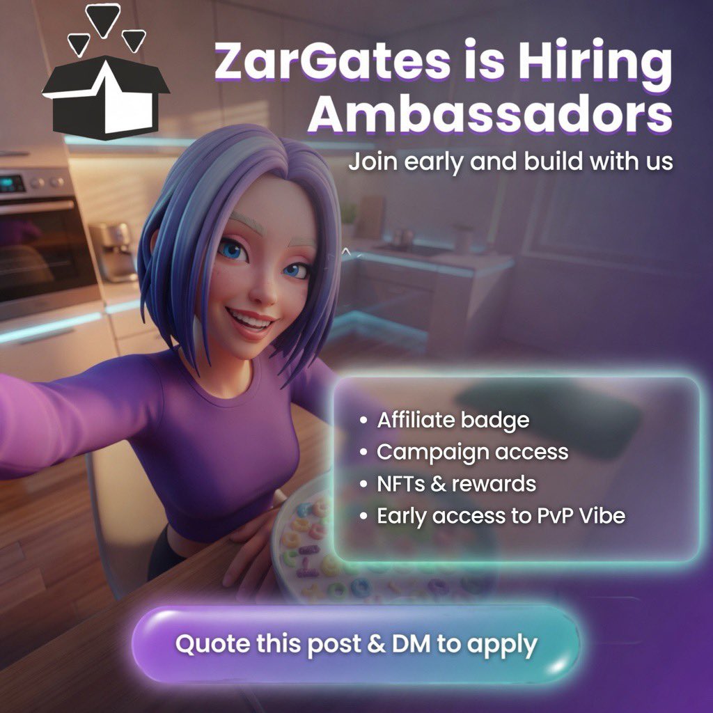 🚀 ZarGates is Hiring Ambassadors

We’re opening new ambassador spots for those who want to grow with a real product. If you’re active on X and understand content and outreach, seize this chance to be part of something big.

𝗪𝗵𝗮𝘁 𝘆𝗼𝘂 𝗴𝗲𝘁:
• Affiliate badge on X