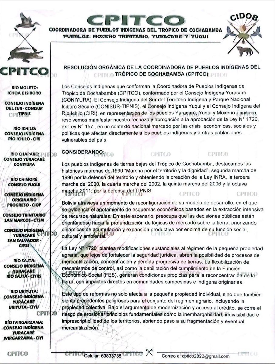 caos_desorden's tweet photo. ¡Alerta!
Pueblos indígenas del Trópico de Cochabamba en emergencia territorial.

La CPITCO exige la abrogación inmediata de la Ley 1720 tras declararse en estado de alerta. Denuncian que el gobierno avanza junto a la agroindustria para mercantilizar la tierra y poner en riesgo territorios indígenas.

No es desarrollo, es despojo.

¡Defensa del territorio, respeto a la consulta previa y autodeterminación de los pueblos. La lucha sigue!
#Bolivia