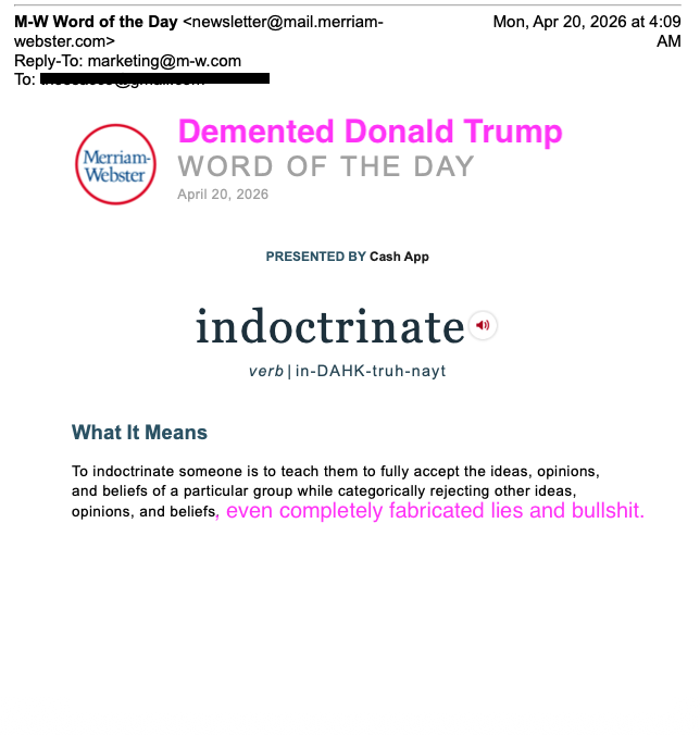 AmyGDal08328672's tweet image. Donald Trump Word of the Day by
Cheap Shots © 2026 Left Field Enterprises, Ltd.
#WOD #wordoftheday #TrumpIsARapist #TrumpIsACriminal
#TrumpIsAPredator #TrumpIsaTerrorist #TrumpisATraitor
#TrumpIsaFascist #MAGA #MAGAloons #TrumpIsALoser
#dementiadon #trumpsux #trumpsucks