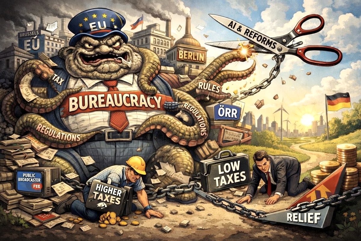 TorstenProchnow's tweet photo. Germany’s state bureaucracy is no longer just oversized. It has become a bloated system that is slowly strangling the country. Germany today employs roughly 5.5 million people in the public sector across all levels, from the EU to the federal government, the federal states, the districts, and the municipalities, with hundreds of thousands more in public broadcasters, regulatory agencies, welfare administrations, foundations, and all the surrounding para-state structures.

The full annual cost per public sector employee, including salary, social contributions, pensions, and overhead, averages around 80,000-85,000 euros. That means Germany is burning through roughly 500 billion euros every single year just to feed an apparatus that produces little real economic value and instead exists primarily to regulate, control, prohibit, redistribute, and administer itself.

This is not a normal state anymore. It is a self-service machine for unelected bureaucrats and their public-sector interests. And while the overall economy weakens, industry leaves, energy costs remain absurd, and taxpayers get squeezed harder every year, this nine-to-five apparatus just keeps growing.

A serious, aggressive reform program based on AI, digitalization, ruthless task elimination, and structural downsizing could easily cut this bloated system by 45%-50% or more. That would mean shrinking the public workforce from 5.5 million to roughly 2.8-3 million people. The direct personnel savings alone would amount to 200-230 billion euros per year.

But that is only the beginning. Germany is drowning in regulation. More than 40,000 EU and national rules crush companies, self-employed people, and ordinary citizens with compliance burdens, documentation requirements, reporting chains, and legal uncertainty. If 70%-80% of these rules were abolished or radically simplified, another 90-120 billion euros per year could be saved.

Add to that the abolition or privatization of the public broadcasters and the closure of countless ideological agencies, foundations, and redundant entities, and another 12-18 billion euros would be freed up. In total, Germany could realistically save 300-370 billion euros every year, and in a genuinely ambitious scenario even more than 400 billion.

That is roughly 7%-8.5% of GDP. Real money. Not symbolic reform. Not cosmetic trimming. Real money currently being wasted on a control apparatus that has become totally detached from the productive economy.

And what could be done with that money? Real tax relief. The top income tax rate plus the solidarity surcharge could be cut from 45% to roughly 25%. The entry rate could fall to 10%. For ordinary workers, that would mean a reduction of around 35%-45% in the effective tax burden. Corporate taxation, currently around 29%-32% in total, could be reduced to 15%. That would make Germany investable again. It would reward work, entrepreneurship, and productivity instead of punishing them.

Germany does not have a revenue problem. It has a massive spending problem and a bureaucracy problem of historic proportions. As long as politicians refuse to cut this dead weight with the same enthusiasm they show when raising taxes, productive citizens and companies will continue to be bled dry to finance a system that mainly exists to preserve itself.

The equation is simple: cut the bureaucracy in half, and taxes on productive people and businesses can fall by 30%-45% without touching core state functions. Everything else is just political fraud.