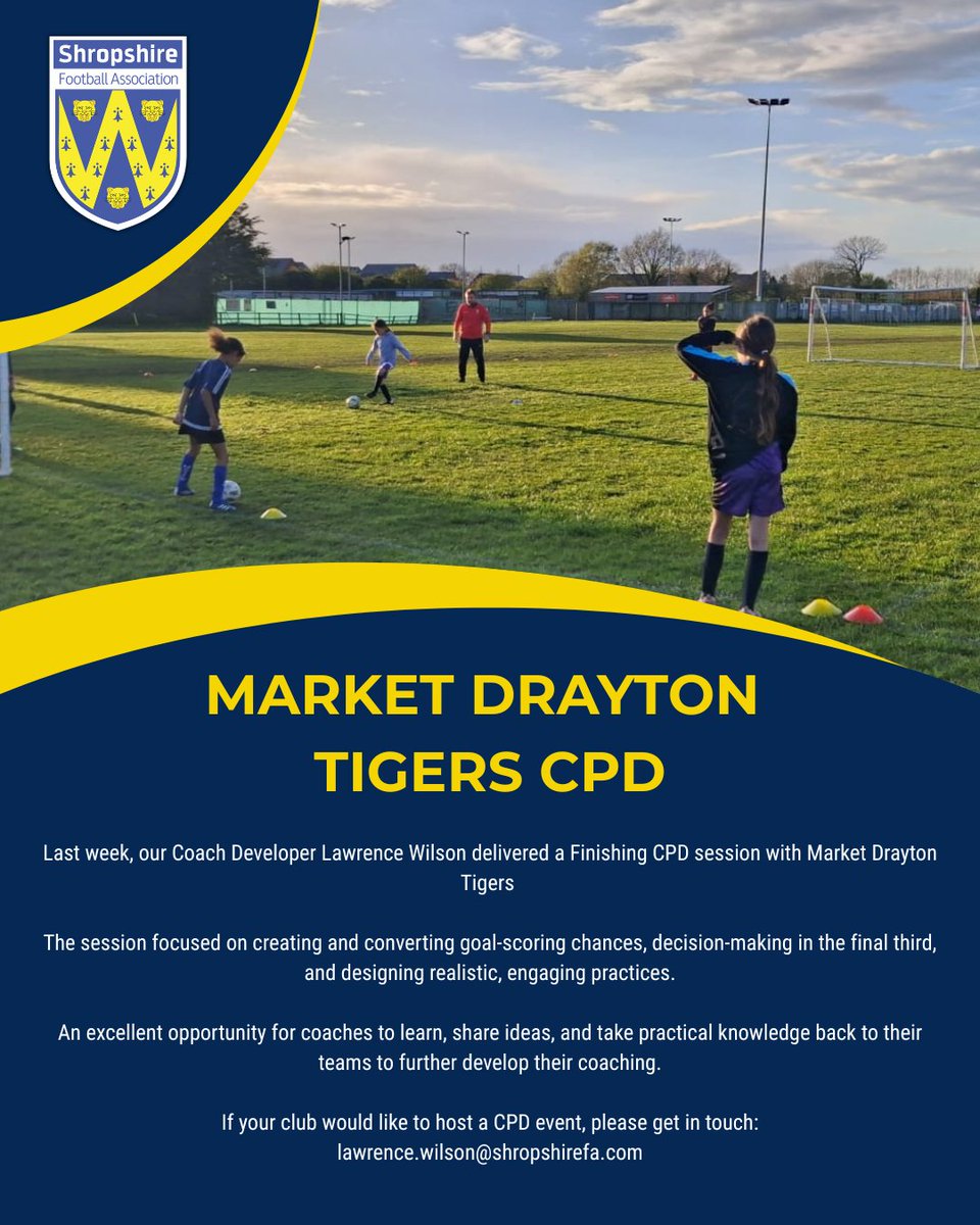 ShropshireFA's tweet image. @TigersDrayton CPD – Finishing Session ⚽

A great learning environment where coaches took away practical ideas to implement straight back into their own teams, supporting both player and coach development.

#ShropshireFA #grassrootsfootball #coachdevelopment