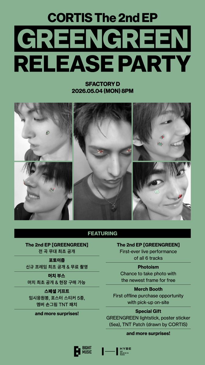 CORTISBRASIL's tweet image. #INFO | ALIMENTADOS! A Release Party do SEGUNDO EP do CORTIS, “GREENGREEN”, acontecerá em 4 de maio, às 08:00 BRT, no SFACTORY D.

CORTIS irá apresentar TODAS AS FAIXAS do álbum, incluindo a Title Track “REDRED”. O evento também contará com experiências como: PHOTOISM, Merch