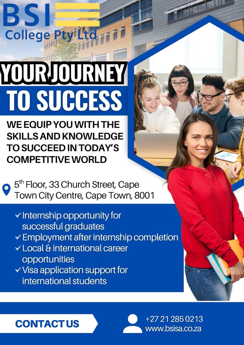 bsicollegesa's tweet image. Success doesn’t happen by chance—it starts with a decision.
Choose BSI College and take the next step toward your career goals today.
#BSICollege #StudyNow #FutureReady