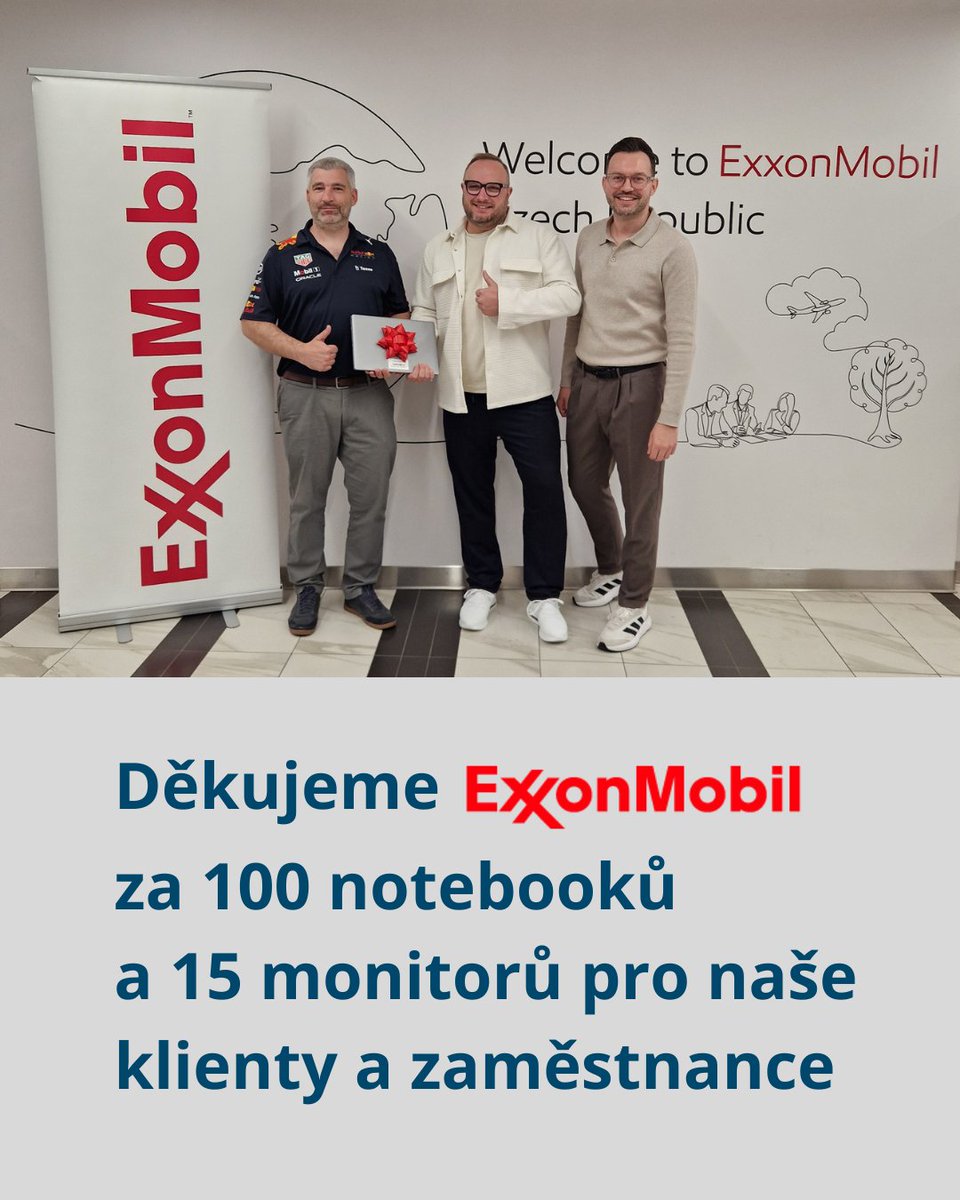 👏 Chceme moc poděkovat společnosti ExxonMobil, že nám věnovala velkorysý dar v podobě 100 kvalitních notebooků a 15 monitorů. Velká část techniky poputuje přímo k našim klientům, zbytek vybavení využijí naši zaměstnanci. Tento dar navíc výrazně uleví našemu rozpočtu. #dekujeme