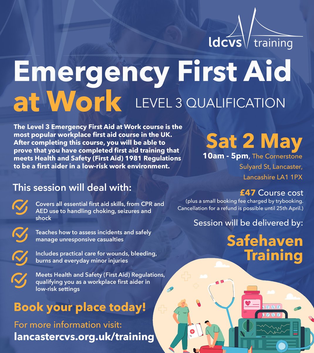 LancasterCVS's tweet image. When something happens, would you know what to do❓ 💭Our Level 3 Emergency #FirstAid at Work course builds the skills and confidence to step in when it matters.

📅 2 May | The Cornerstone, Lancaster | 💷 £47
Practical, recognised, and genuinely useful.
trybooking.com/uk/events/land…?