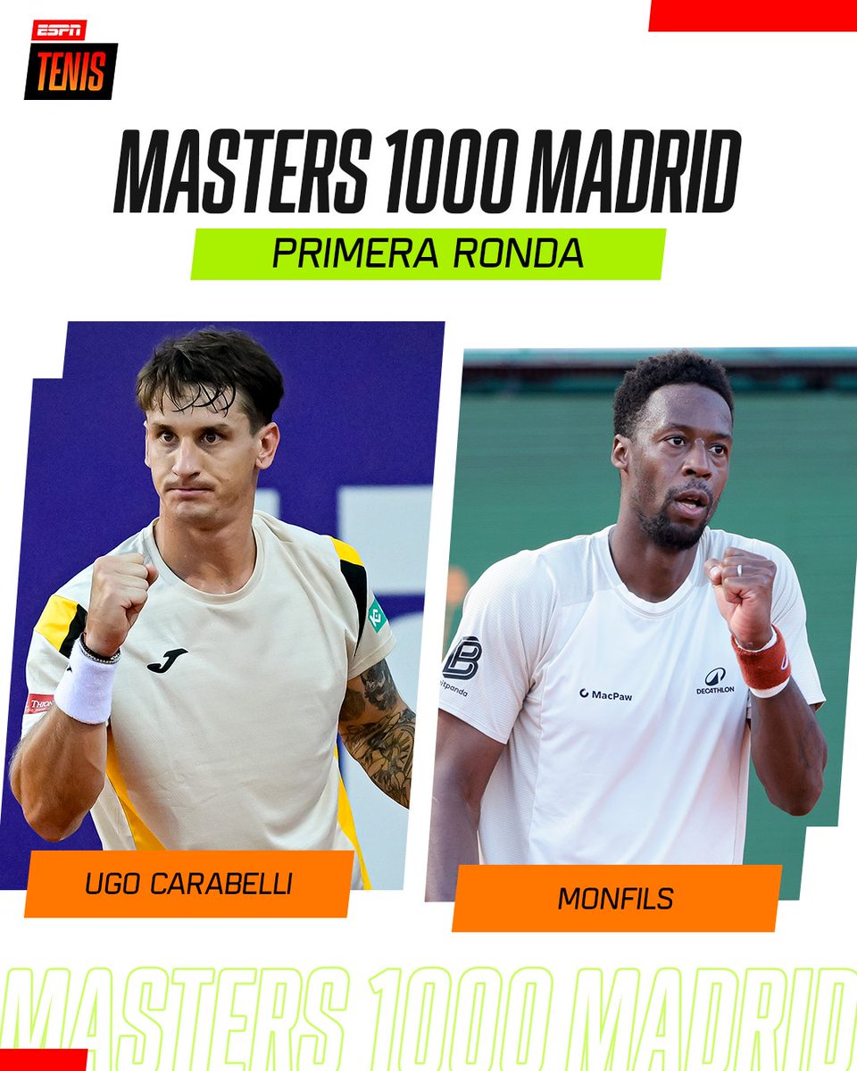 ESPNtenis's tweet image. ¡ASÍ DEBUTAN LOS SUDAMERICANOS EN #MADRID! 🔥

🇨🇿 Machac vs. Comesaña 🇦🇷
🇪🇸 Bautista Agut vs. Tirante 🇦🇷
🇵🇪 Buse vs. Mannarino 🇫🇷
🇨🇱 Tabilo vs. Royer 🇫🇷
🇩🇪 Altmaier vs. J.M. Cerúndolo 🇦🇷
🇦🇷 Ugo Carabelli vs. Monfils 🇫🇷
🇵🇹 Borges vs. Navone 🇦🇷

🇨🇴 Osorio vs. Zakharova 🇷🇺
🇧🇷 Haddad