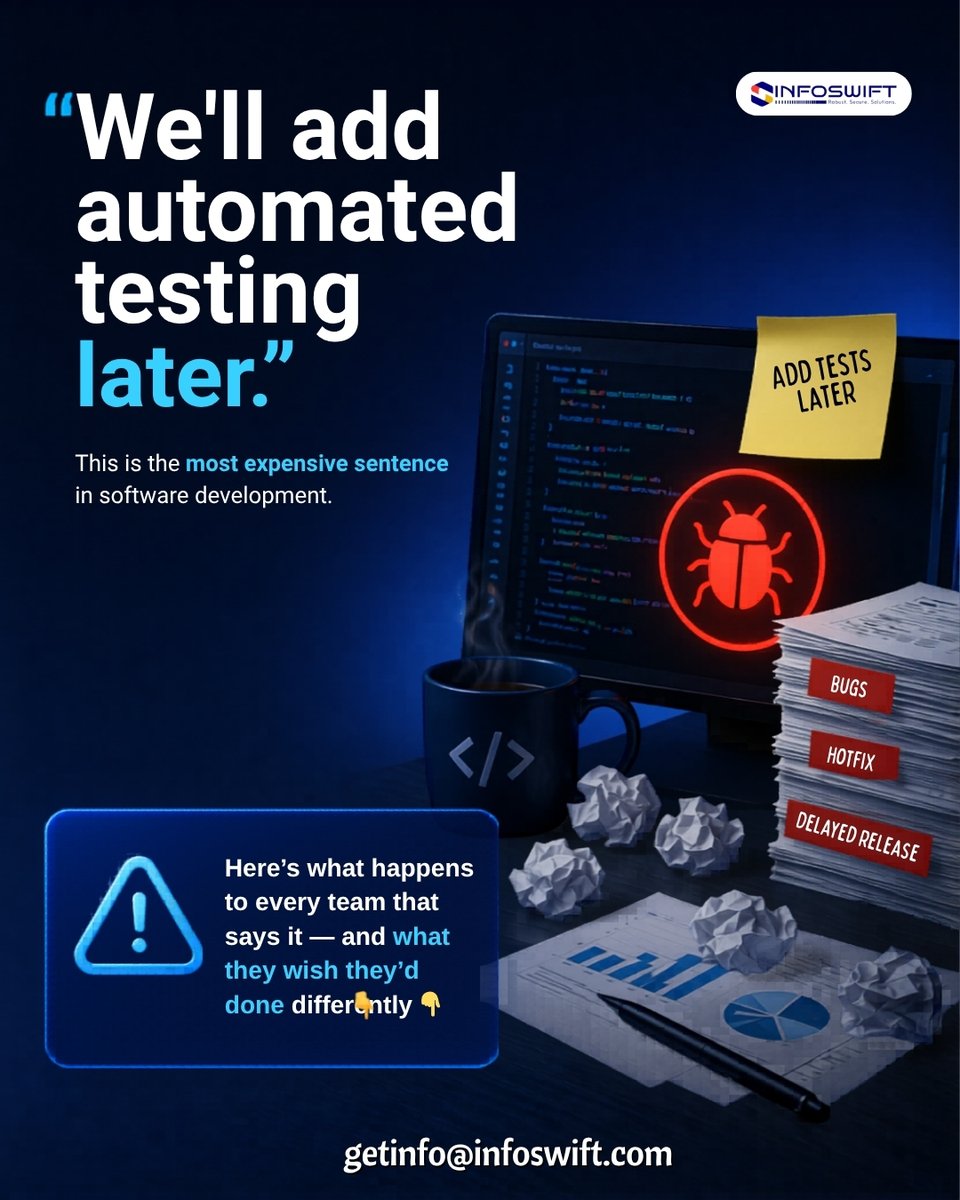 Infoswiftcs's tweet image. We’ll add automated testing later.
@Infoswiftcs helps businesses implement test automation in software testing and strong software quality and assurance practices from day one.
🌐visit:  infoswift.com
📩DM Us:  getinfo@infoswift.com

#QualityAssurance #AutomationTesting