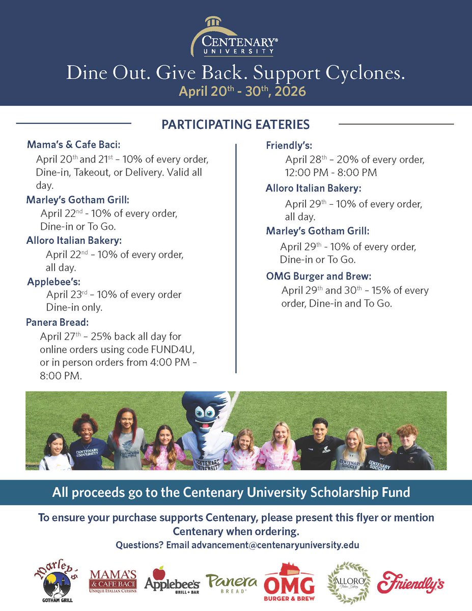 Mike_Iris's tweet photo. Proud to support this at @Centenary_NJ April 20–30 you can dine out at local restaurants and a portion of proceeds will support our Scholarship Fund; if you’re in the Hackettstown NJ area, please join us and share with family and friends! #CentenaryAlumni #GiveBack #Hackettstown https://t.co/1nkhB7Auee