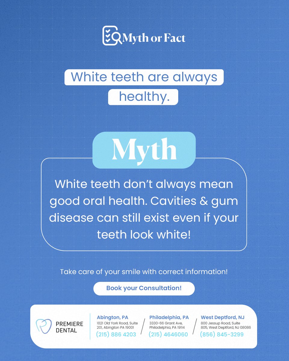 premieredental8's tweet image. Myth: White teeth are always healthy
Myth! A bright smile doesn’t always mean your #teeth are in perfect health. Cavities &amp;amp; gum disease can still be present, even if your teeth look white
True oral health goes beyond. Regular checkups &amp;amp; cleaning are key to strong &amp;amp; healthy #smile
