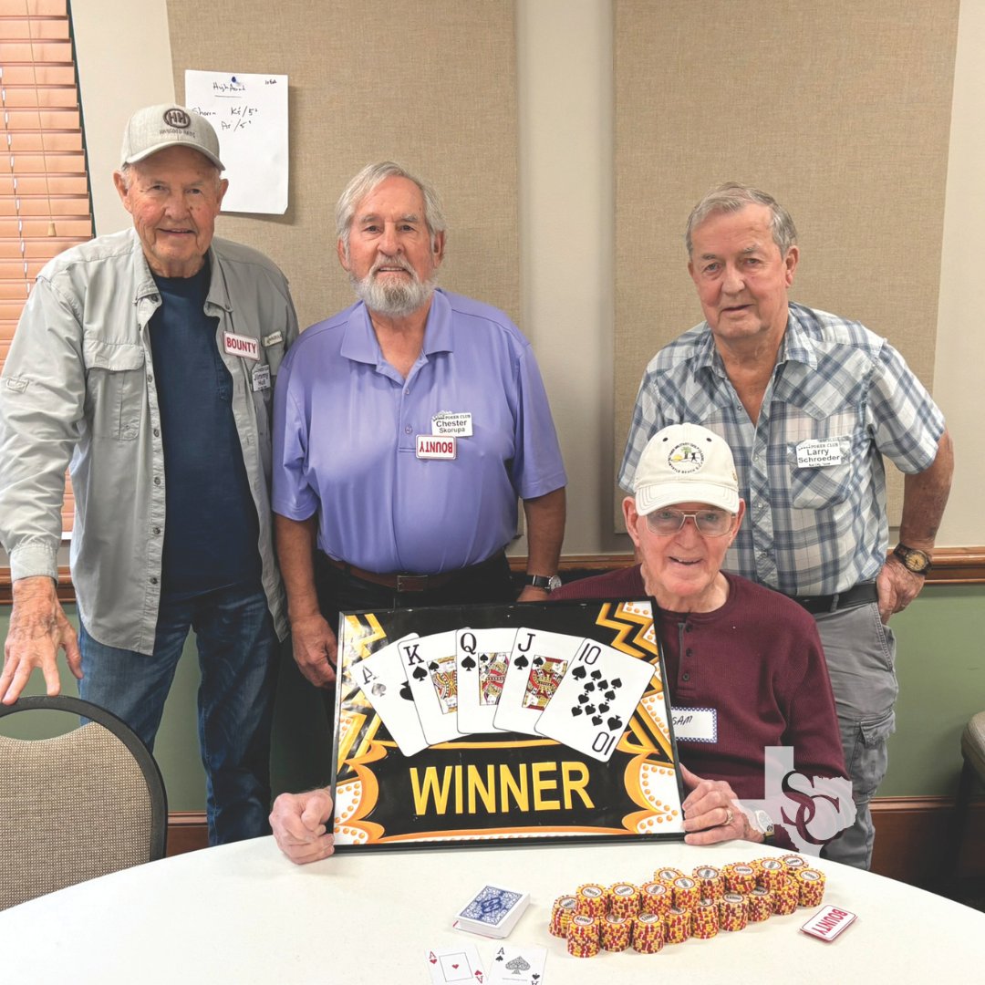 SunCityTexasCA's tweet image. Twenty-seven members of the Poker Club participated in the February Texas Hold'em No Limit tournament. Congratulations to the winners left to right, Chester S., Jim H., Sam R., and Larry S.!

#DelWebb #suncitytexas #clubs #community