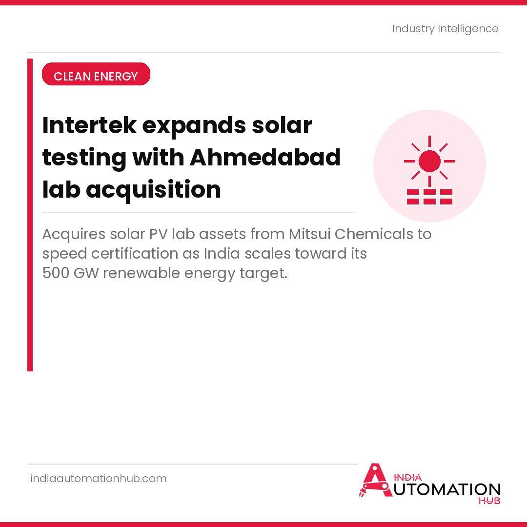 IAH_Automation's tweet image. Intertek expands solar testing capacity with Ahmedabad lab acquisition
Acquires solar PV lab assets in Ahmedabad from Mitsui Chemicals.
#Intertek #Cleanenergy #Solar