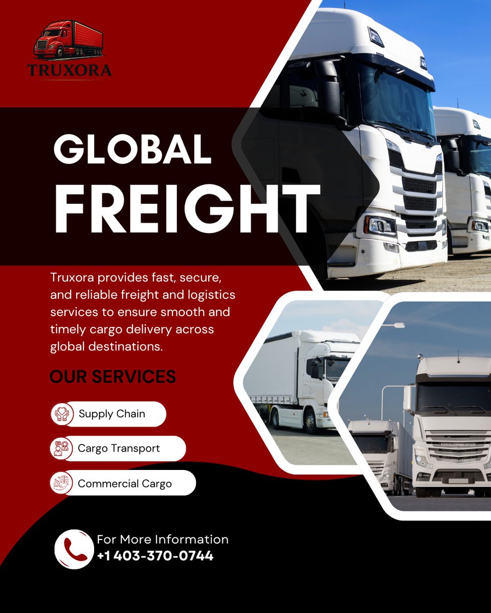 truxorainc's tweet image. Reliable global freight services by Truxora 🚛✈️ Fast, secure &amp;amp; on-time cargo delivery. 

Call +1 403-370-0744 

#Logistics #Freight #Cargo