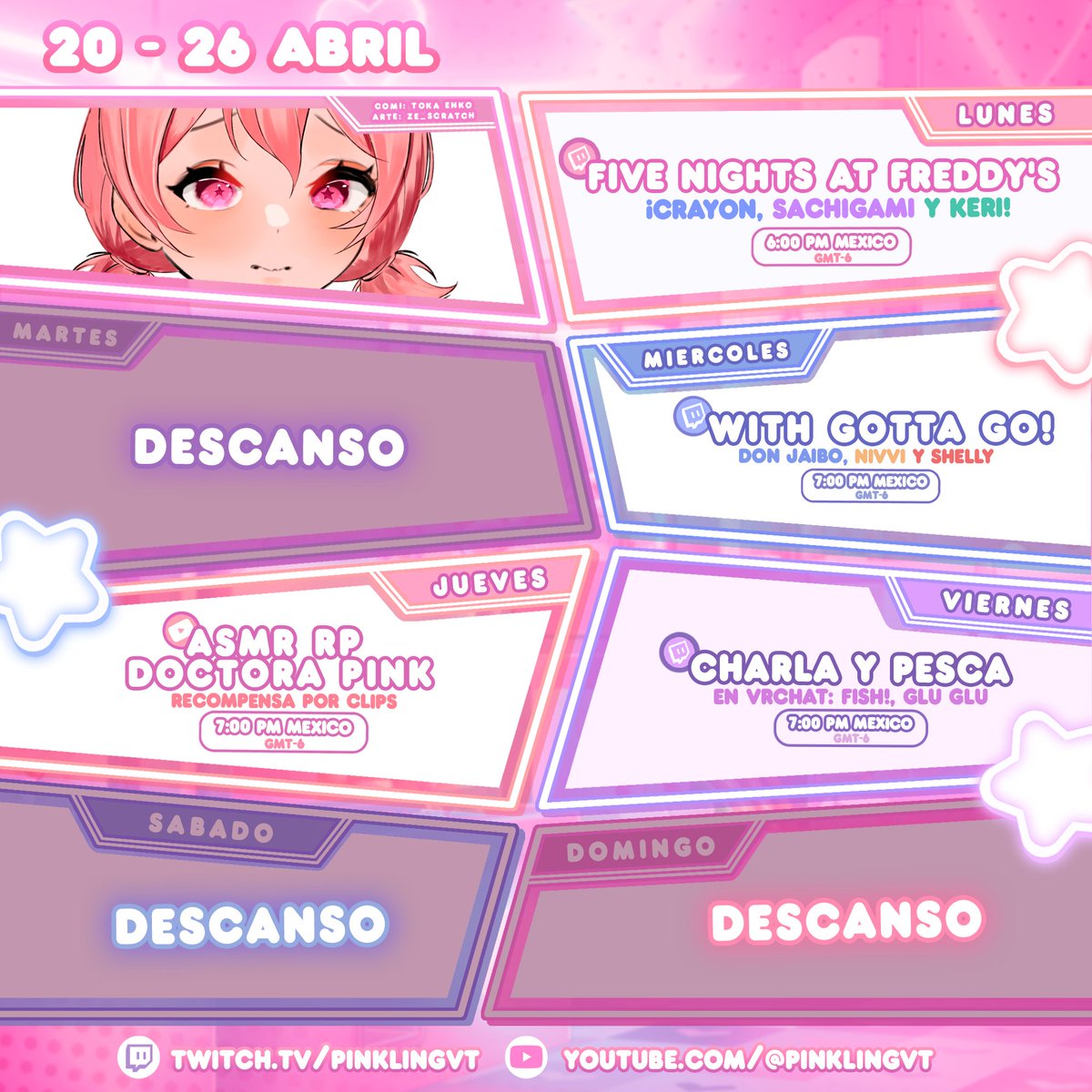 🎀 CALENDARIO SEMANAL 🎀

Espero el fin de semana pueda hacer algún stream de último momento. ¿Qué día te emociona más? 🫧🐟

ꞝ General # PinkLingVT
ꞝ Fanart # pinkoart
ꞝ Clips # pinkoclip
🔔 Sujeto a cambios↷