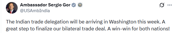 univartaindia1's tweet image. भारत में अमेरिका के राजदूत सर्जियो गोर ने सोशल मीडिया पर लिखा कि "भारतीय व्यापार प्रतिनिधिमंडल इस सप्ताह वाशिंगटन पहुंचेगा। द्विपक्षीय व्यापार समझौते को अंतिम रूप देने की दिशा में यह एक महत्वपूर्ण कदम है, जो दोनों देशों के लिए लाभकारी साबित होगा।"

@USAmbIndia | #IndiaUSRelations