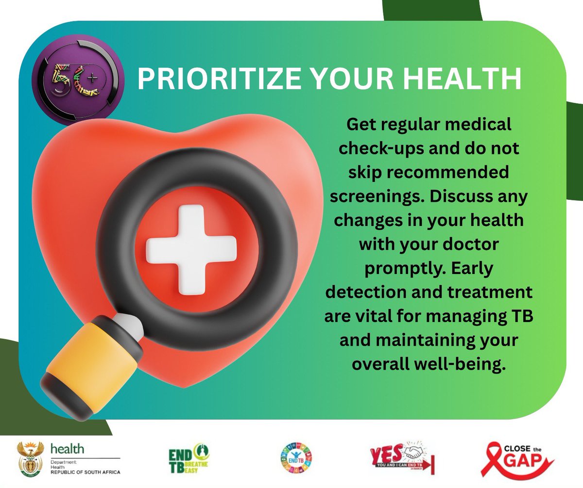 50plusprojects's tweet image. Bo Ntanga! As we prioritise our health at 50+, let's talk TB! by adding these tips in our lives

#TBAwareness #50PlusStrong #CloseTheGap #AgeingWithDignity #TB