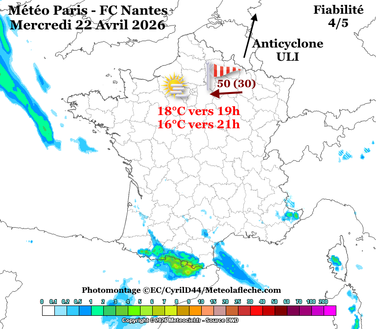 Point #météo #PSGFCN (Fiabilité 4/5)
Un match tout en douceur au sens propre du terme ?

L'anticyclone #ULI remplacerait haut la main son homologue #TILMAN.
Durant le match, le vent faiblirait un peu ce qui limiterait la baisse des températures au point qu'il ferait 16 degrés.