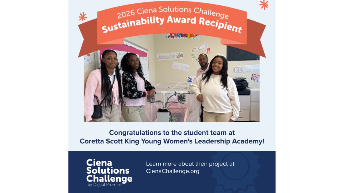 aps_cskywla's tweet image. 🌍 CSK goes GLOBAL!
Our students were recognized in the 2026 Ciena Solutions Challenge Sustainability Awards 62 teams across 23 countries! 👏🏾
Shoutout to our amazing students &amp;amp; instructors for this impact! 🌱

🔗 digitalpromise.org/2026/04/16/ann…

 #STEM #GlobalImpact @apsupdate @ciena
