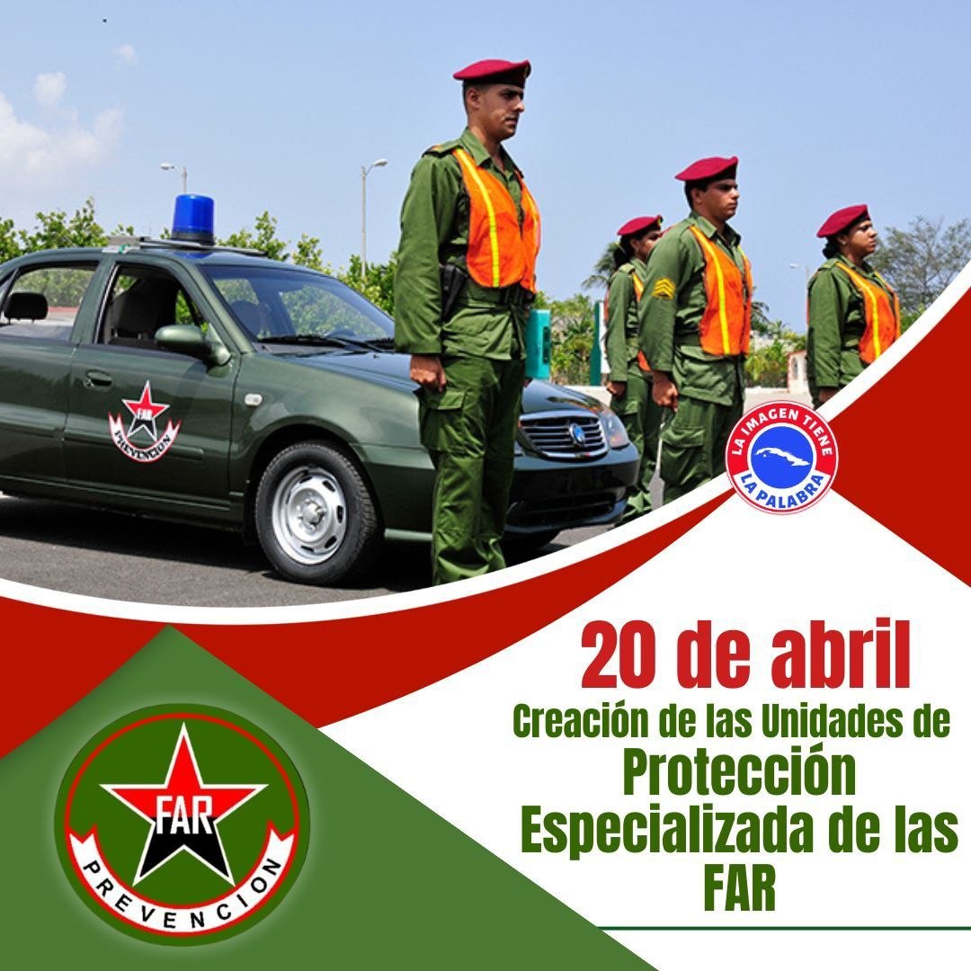 Nuestras felicitaciones a las Unidades de Protección Especializadas de nuestras invictas FAR, en 20 Aniversario de creadas, continúen trabajando en el orden, disciplina y defensa de la Patria. #FidelEntreNosotros #CubaEstáFirme #MiFirmaPorLaPatria