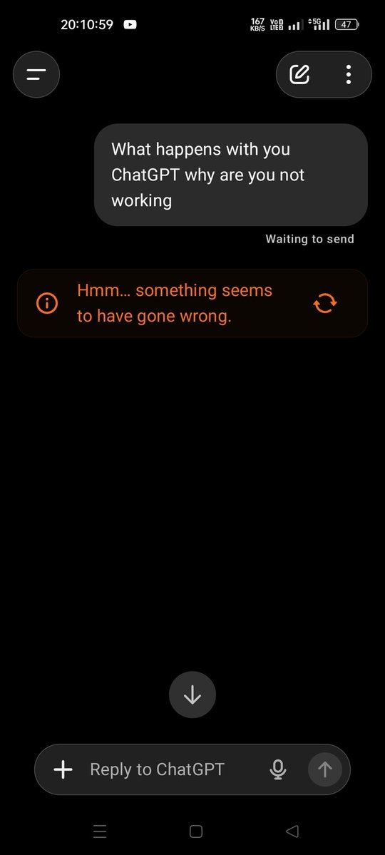 ItsAnki16866478's tweet image. Chat GPT is not responding.

Open AI's ChatGPT is down anyone facing this issue?

Comment below.

#chatGPT #openai #chatgptdown