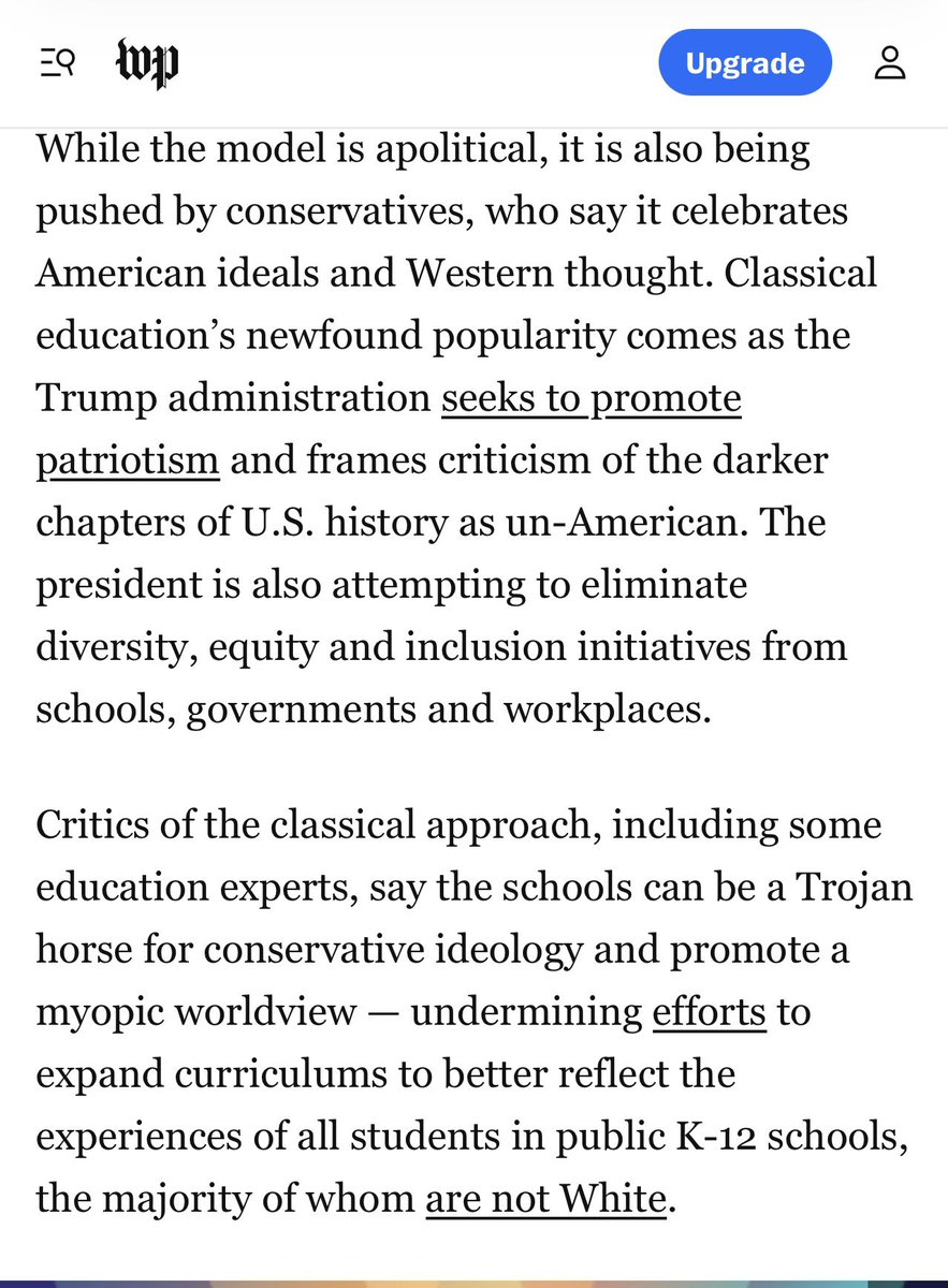 If a white supremacist said that non-whites were incompatible with Western thought and American ideals, it would correctly be considered extraordinarily racist and demeaning, but it’s literally the thesis of this front-page Washington Post story criticizing classical education.