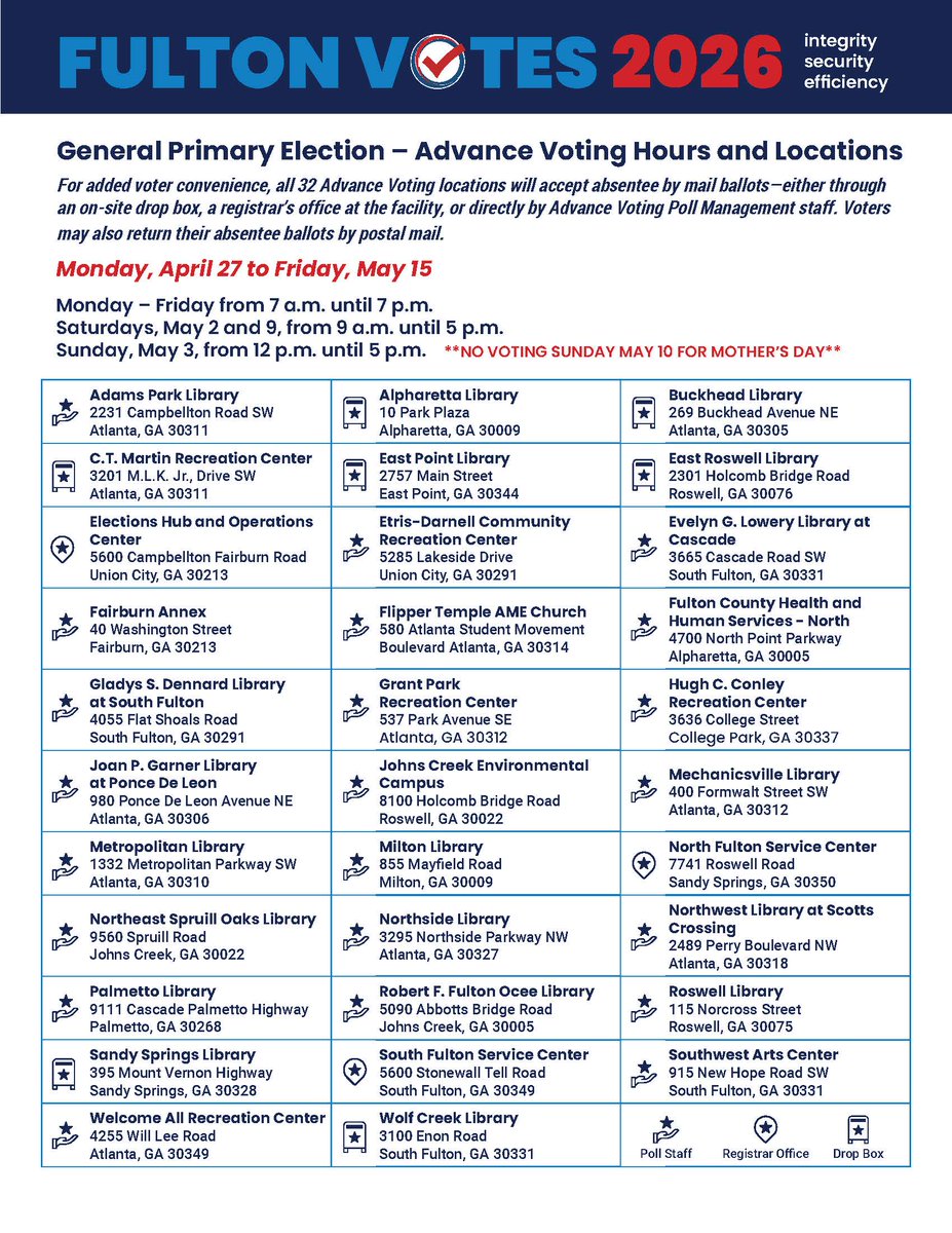CityofFairburn's tweet image. Not registered to vote? NOW's the time 📢! Deadline is TODAY, April 20th. Register/update info at mvp.sos.ga.gov or @fultoninfo. 

#OneFairburn #CityOfFairburn #Fultoncounty #FultonVotes #VoterInformation