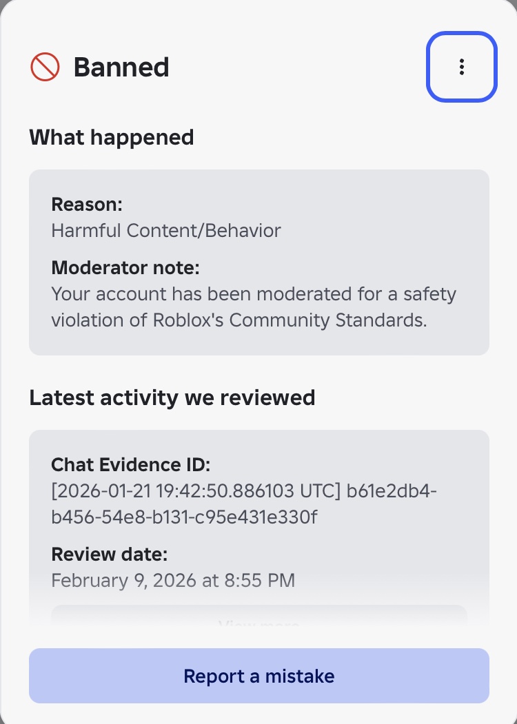 cernzy's tweet photo. @Roblox @Roblox My account (renscutegf) was falsely banned on Feb 9 for “harmful content,” but my appeal wasn’t reviewed until Apr 2, well beyond the 30-day window. The response changed the reason to “child endangerment” via voice chat, which is impossible since I have VC off (no mic) https://t.co/4WvkANoPHy