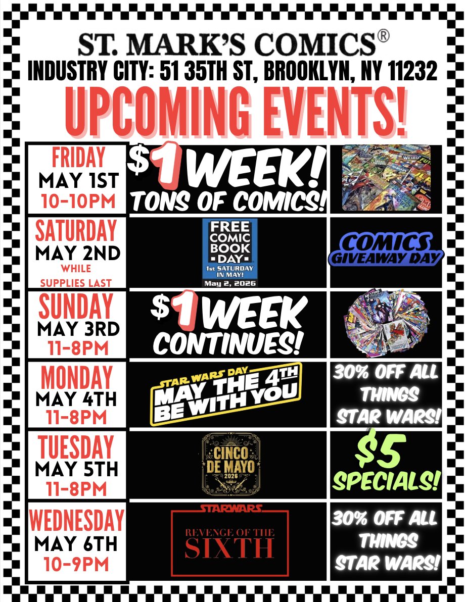 StMarksComicsNY's tweet image. Never a dull moment! With BICS ‘26 in the books, here are our next dazzling events!

#stmarkscomics #industrycity #shoplocal #smallbusiness #brooklyn #nyc #thingstodoinnyc #comics #events #upcomingevents #freecomicbookday #maythe4th