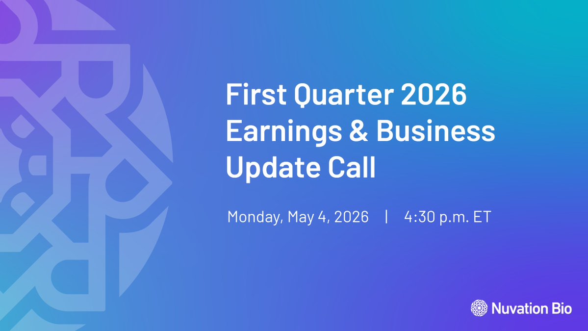 nuvationbioinc's tweet image. Tune into our first quarter 2026 earnings and business update conference call on Monday, May 4, 2026, at 4:30 p.m. ET.
 
Get the details: bit.ly/4cGIsU3

#biotech #cancer #oncology
