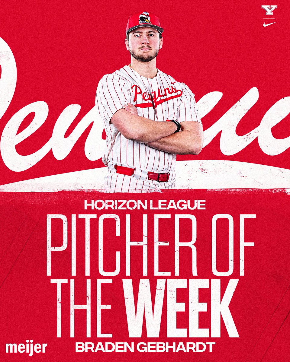 YSUBaseball's tweet photo. Gebhardt Collects Fourth Under Armour #HLBASE Pitcher of the Week Award 🐧⚾️

The senior allowed two runs with eight strikeouts over 6.1 innings to earn his third win in a 16-2 victory at Oakland in game two of a doubleheader on Friday!

📰: https://t.co/hOwpKDL1oo

#GoGuins https://t.co/r8mfwOs6cQ