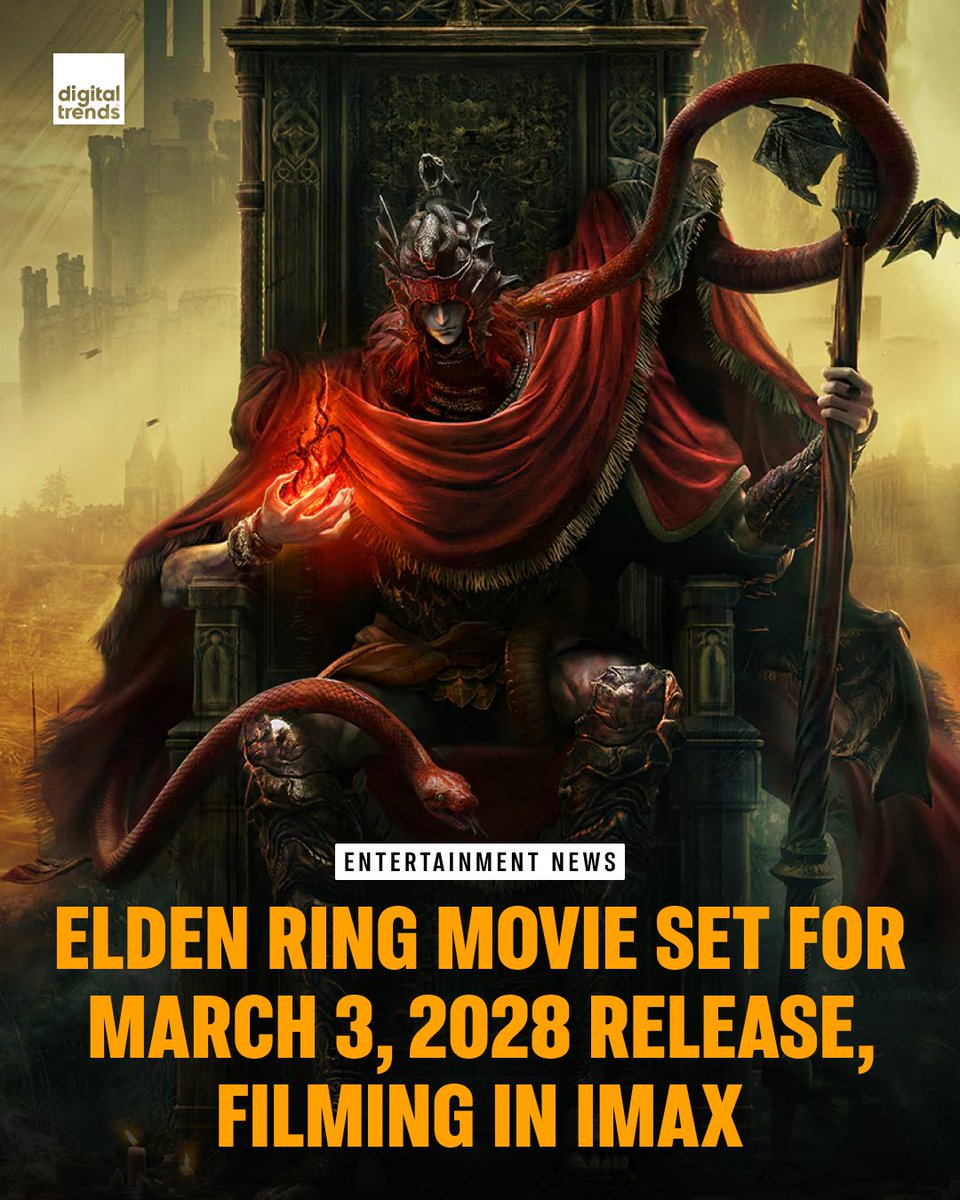 DigitalTrends's tweet image. A24’s Elden Ring adaptation is now in production in the UK, directed by Alex Garland. The movie will be filmed in IMAX and release March 3, 2028.

#eldenring #a24