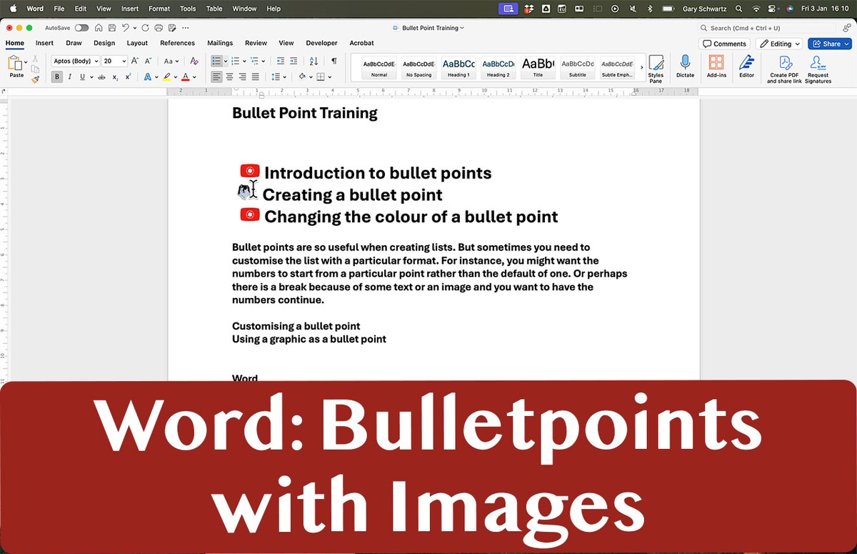 garyschwartz's tweet image. Why not use images for your bullet points and make them really stand out in your Word documents. Here's how. you do it 
youtu.be/8kuVpT9HUSk
#Word #MicrosoftWord #Microsoft365 #Wordtip #Worddocument #bulletpoints