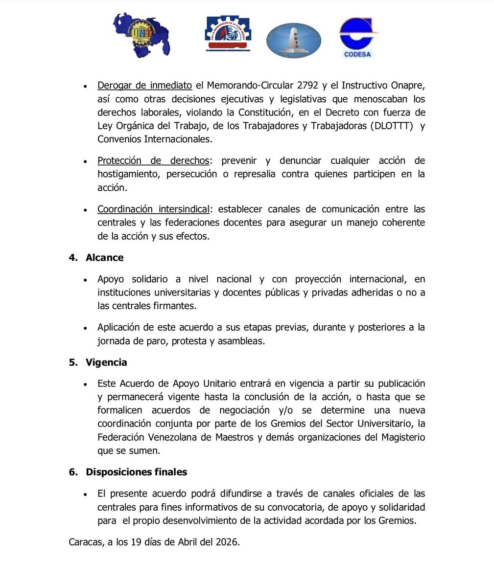 Centrales sindicales expresan su apoyo unitario al paro nacional universitario de este miércoles 22 de abril.

#BonoNoEsSalario #SalariosDignosYa #Paro #Universidades
