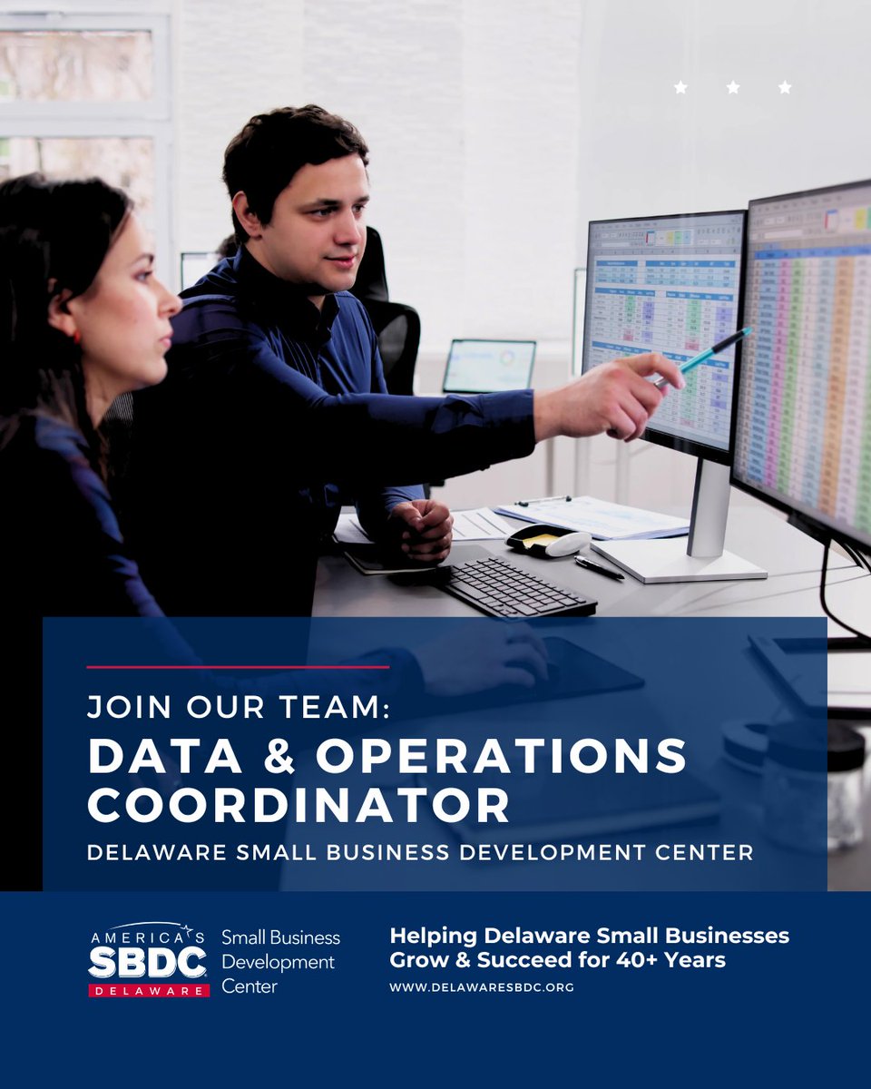 dsbdc's tweet photo. We're #hiring a Data &amp; Operations Coordinator here at Delaware Small Business Development Center!
See the UD Careers page for more info about the role, qualifications, and total benefits. Position will remain open until filled. https://t.co/HvHGALLq4Z https://t.co/FYEXBh0HOO