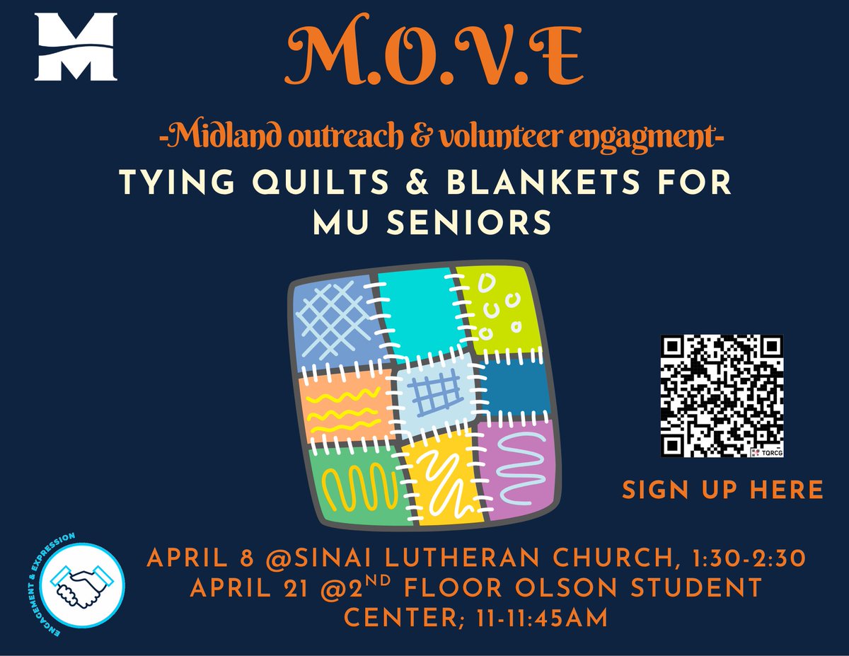CampusMinMU's tweet photo. On Tuesday, 4/21, stop by the 2nd floor of Olson Student Center to help make tied blankets for MU’s graduating seniors! Then on Wednesday &amp; Thursday, 4/22-23, shop for FREE at the Garage Sale from 3:30-6:30pm at Olson Village Garage #9. Everybody’s welcome! https://t.co/wVMMwNLD2R