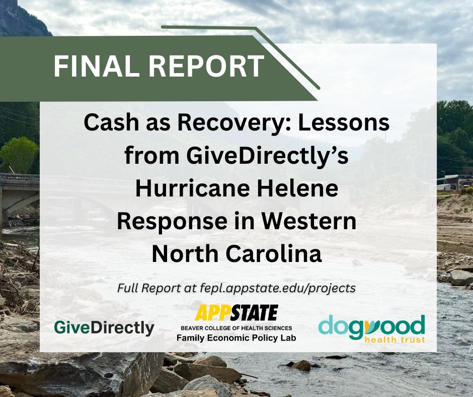 PolicyFamily's tweet image. 📢New report: GiveDirectly WNC examines how direct cash support shaped recovery for families in Western North Carolina.

fepl.appstate.edu/projects

#WNC #HurricaneHelene #EconomicPolicy