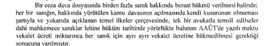 Kendilerini özel bir müdafi ile temsil ettiren sanıklar hakkında beraat hükmü verilmesi halinde, her bir sanık için AYRI AYRI maktu vekalet ücretine hükmedilmesi gerekir.

Yargıtay 19. Ceza Dairesinin 
2019/33104 Esas
2019/13267 Karar
02.10.2020 Tarihli Kararı⬇️