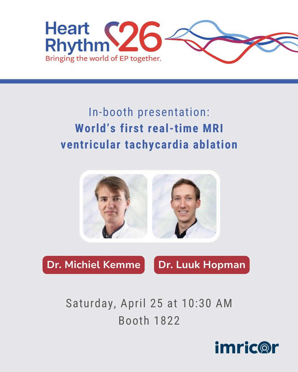 imricor's tweet photo. You're invited: Join Imricor at booth 1822 with Dr. Bilchick, Dr. Kemme, and Dr. Hopman for exciting in-booth presentations at #HRS2026, including a world's first case recently published in Circulation! @CircAHA

Discover how you can join the world’s leading hospitals in bringing interventional MR to your practice. Our team will be standing by to connect with you.

Looking for dedicated time? Schedule your Discovery Session.
https://t.co/lB91LyBFnw

Your one-on-one session will include:

• Live NorthStar® Mapping System demonstration: See how real-time MRI mapping reveals cardiac anatomy in vivid detail, giving you the visual confirmation to navigate and deliver therapy confidently.
• 3D immersive iMR lab experience: Step inside a fully guided, walk-through of an interventional MR suite.
• Bring interventional MR to your practice: Learn the steps to integrate iMR into your hospital so you can deliver this transformational level of cardiac care to patients.

#InterventionalMRI #EPeeps