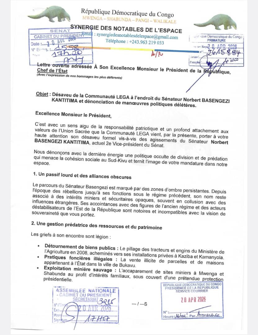 PatrickLokala_'s tweet photo. #RDC ! La communauté LEGA desavoue le Sénateur Norbert BASENGEZI KANTITIMA , 2ème vice président du Sénat. Elle dénonce de manoeuvres politiques délétères exercées par ce dernier pour positionner seulement les membres de son parti politique au sein des institutions au détriment de toute une communauté. 
"Nous dénonçons avec la dernière énergie une politique occulte de division et de prédation qui menace la cohésion sociale au Sud-Kivu et ternit l'image de votre mandature dans notre espace.", lit-on dans une lettre adressée à Félix Tshisekedi par cette communauté.
