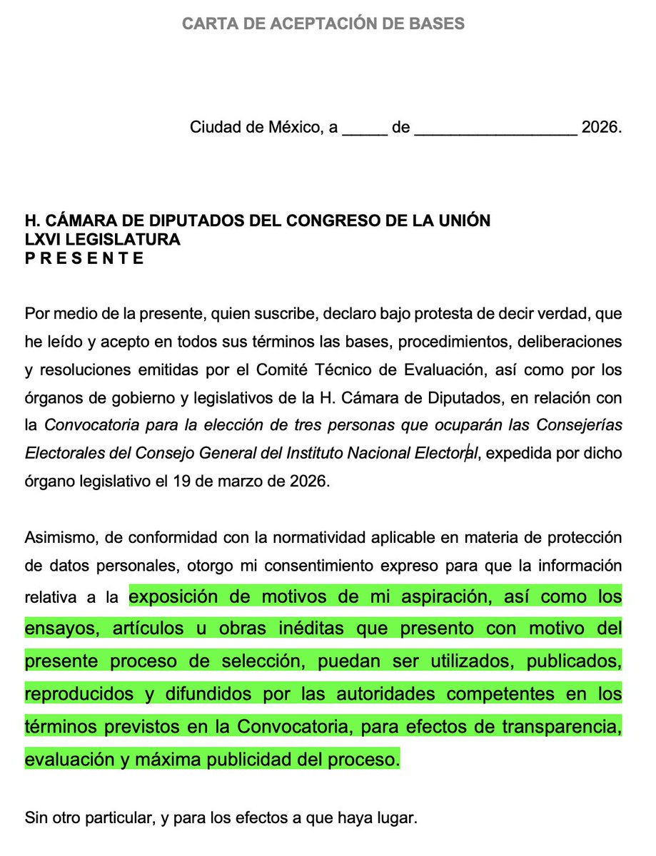 rojaschoza's tweet photo. Conviene recordar -una vez más- que, quienes nos registramos en la #DesignaciónINE, firmamos una carta de aceptación de bases donde dimos consentimiento expreso para que documentos como la exposición de motivos y los ensayos fueran publicados y difundidos con fines de transparencia.

Ojalá se cumpla —al menos— respecto de quienes integren las quintetas.