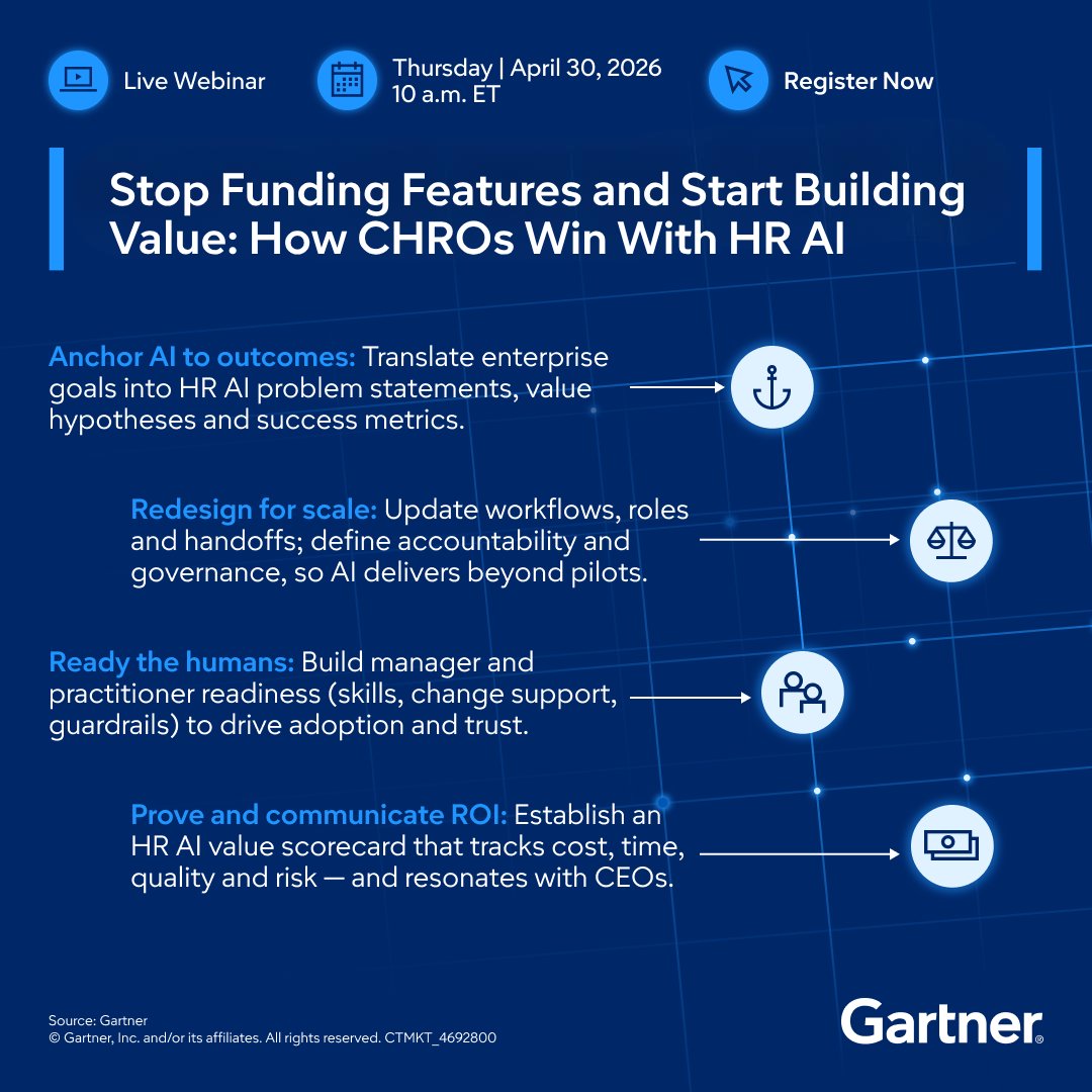 Gartner_inc's tweet image. AI pilots are everywhere in HR, but measurable impact is rare: gtnr.it/4tPQ65g

Discover how to translate enterprise goals into HR AI wins, redesign workflows for scale, and build trust with CEOs. Join our Gartner session.

#GartnerHR #AI #ROI #DigitalTransformation