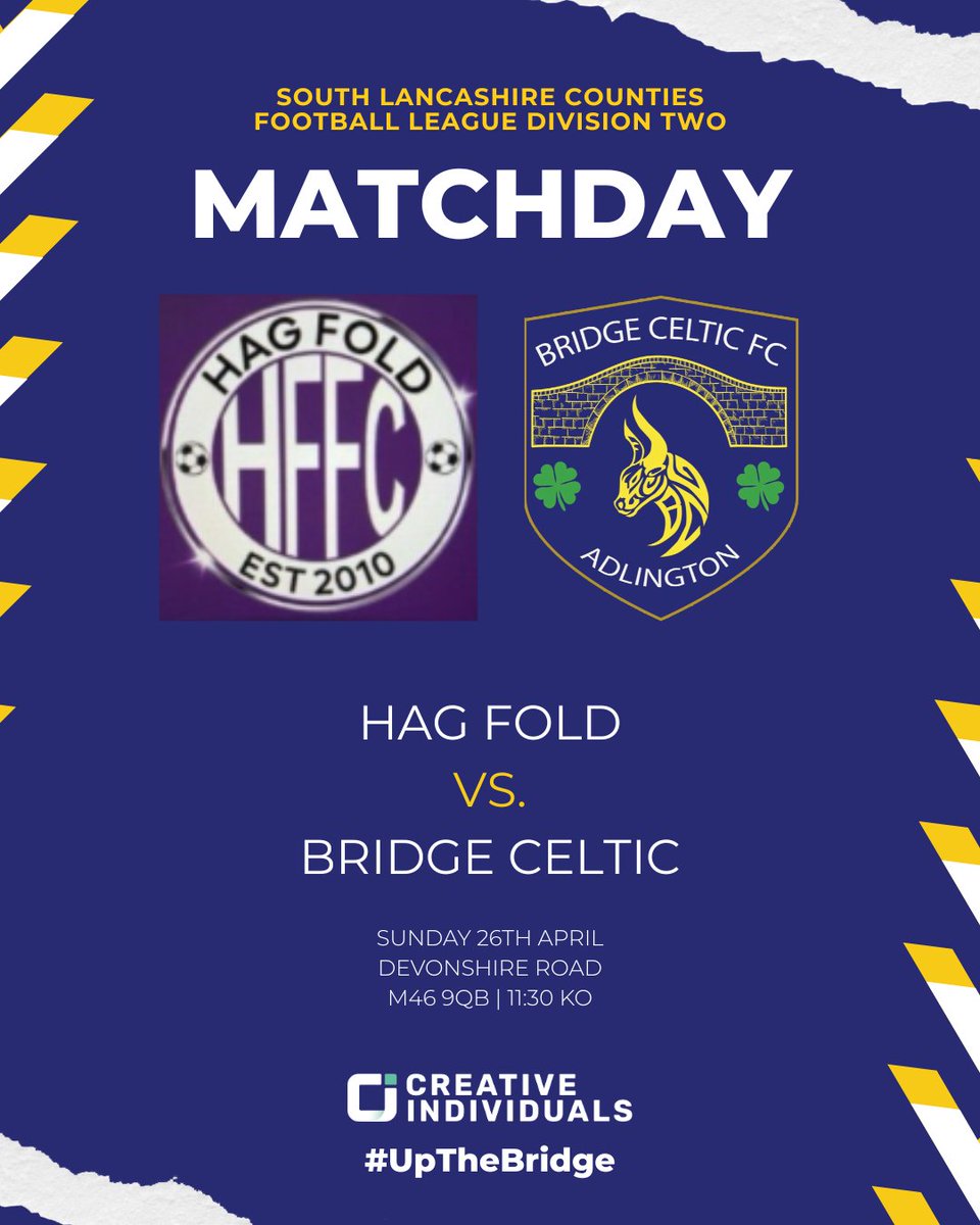 bridgeceltic's tweet photo. MATCHDAY

🏆 South Lancashire Counties Football League Division Two
🆚 Hag Fold
📍 Devonshire Road, M46 9QB
⏰ Kick-off: 11:30

Sponsors: Creative Individuals

#BridgeCeltic #UpTheBridge 🔵🟡 https://t.co/wt4pmvgszm