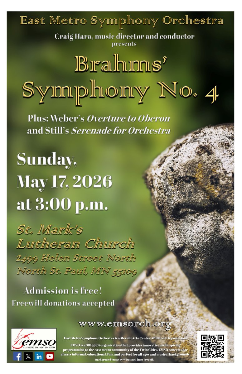 EMSOrch's tweet photo. Join us for EMSO's next concert!
Brahms’ Symphony No. 4 is an emotional composition known for being a melancholy &amp; challenging experience. We will also perform Still’s Serenade for Orchestra &amp; the overture from Weber’s opera Oberon.
https://t.co/iiAl1bihAb
https://t.co/P3zp2ZHWnl https://t.co/Uq6djaf5Yr