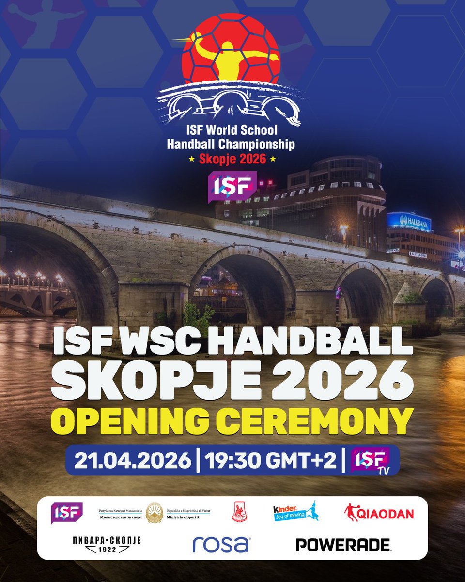 ISFsports's tweet photo. The Opening of ISF WSC Handball 2026 will be LIVE  📍 Macedonia Square
🕢 Apr 21 | 19:30 GMT+2
🌍 Watch worldwide on ISF TV
👉 https://t.co/27lfs1Oub6 (free registration)

#Skopje2026 #ISFsports #ISFwsc #Handball https://t.co/HIb1SJI71h