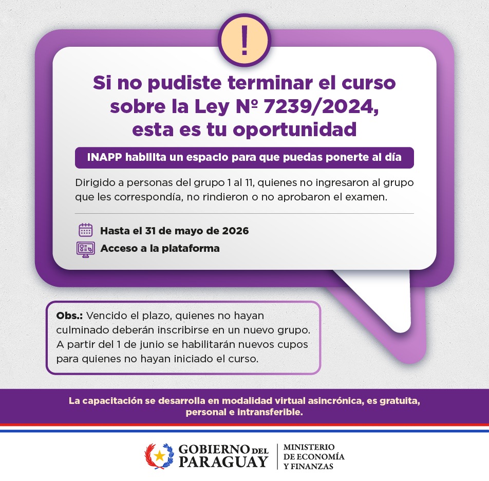 📢 El #MEF habilita desde hoy hasta el 31 de mayo un periodo extraordinario para completar el curso sobre la Ley N.º 7239/2024 “De Emergencia social ante la violencia contra las mujeres, niñas, niños y adolescentes”.

Dirigido a funcionarios públicos (grupos 1 al 11). Es virtual,