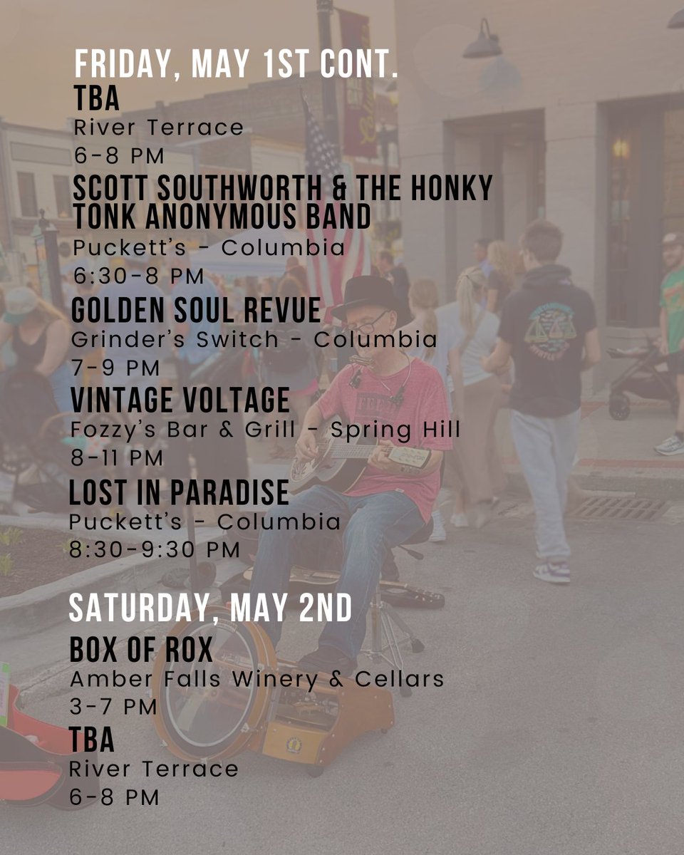 experiencemaury's tweet image. 🎶 Ready for a week full of great music? 🎸✨

Check out our Live Music Lineup for April 27 – May 3 and make plans to enjoy some amazing local talent all across Maury County! 🎤🎻

Tag a friend and let’s go catch a show! 🎵🎉

#ExperienceMaury #MauryCounty #LiveMusic